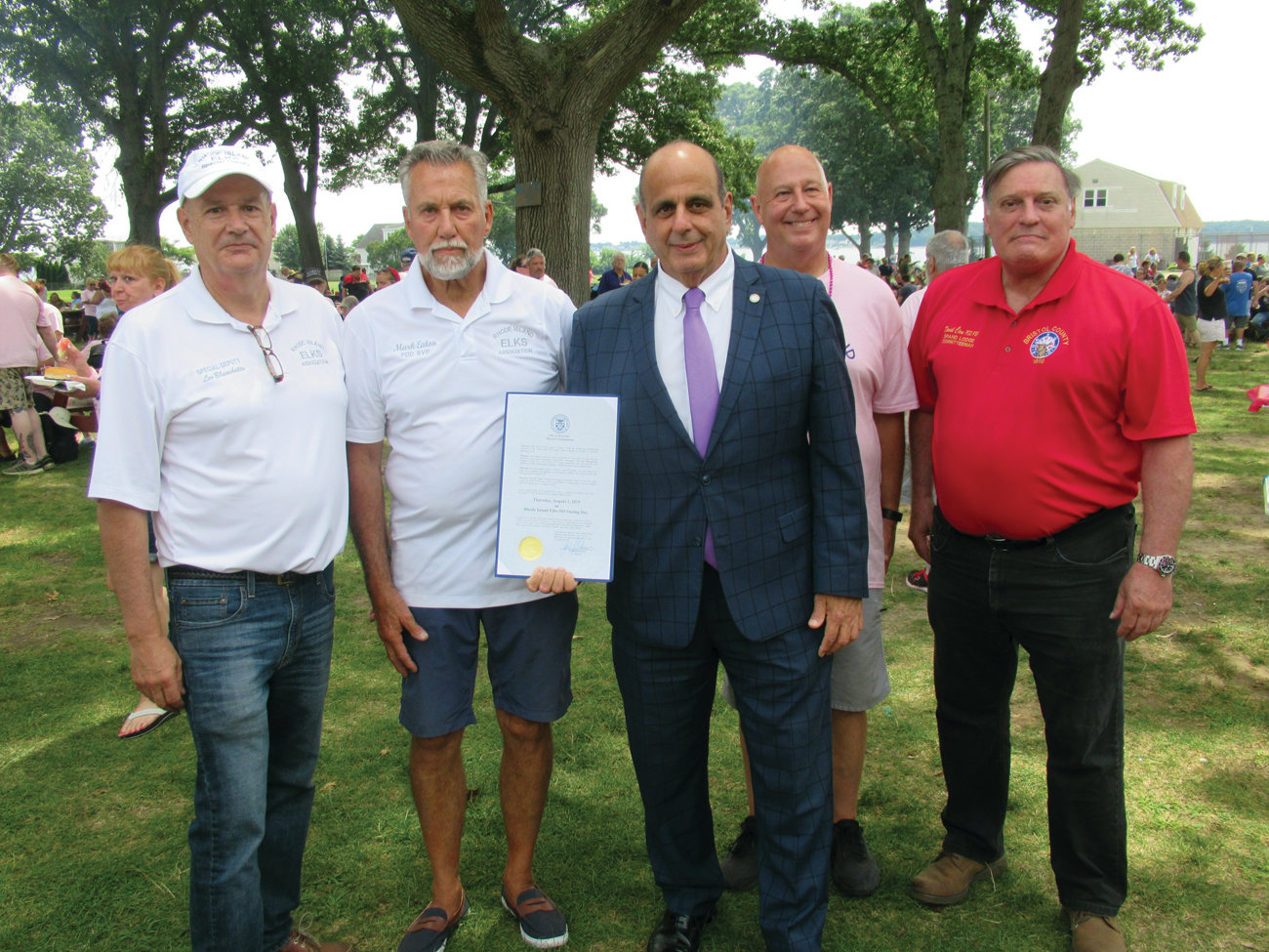 FANTASTIC FIRST: Mayor Joseph J. Solomon presented a proclamation to RI Elks officials Leo Blanchette, Mark Eaton, Tom Kramer and David Cioe that declared Thursday, August 1, 2019 as Rhode Island Elks-365 Outing Day in Warwick.